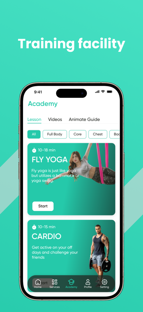 Go Gym Cambodia - Go Gym Cambodia app academy screen featuring fly yoga and cardio fitness lessons