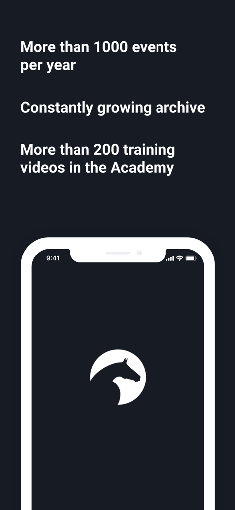 ClipMyHorse.TV & FEI.TV - ClipMyHorse.TVアプリのスプラッシュ画面。馬術イベントとトレーニングアカデミーを強調するテキストが表示されています。
