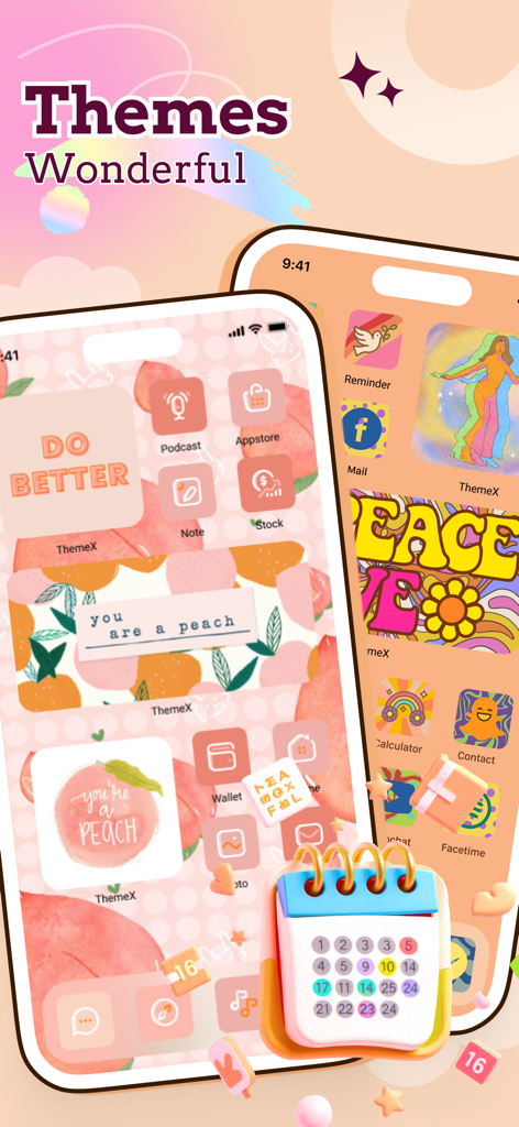 ThemeX: App Icons & My Widgets - Temas de pantalla de inicio estéticos estilo melocotón y retro con iconos de aplicaciones y widgets personalizados en iPhone.