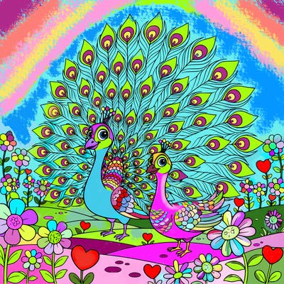 a peacock with open feathers and pea hen in a garden full of flowers and hearts