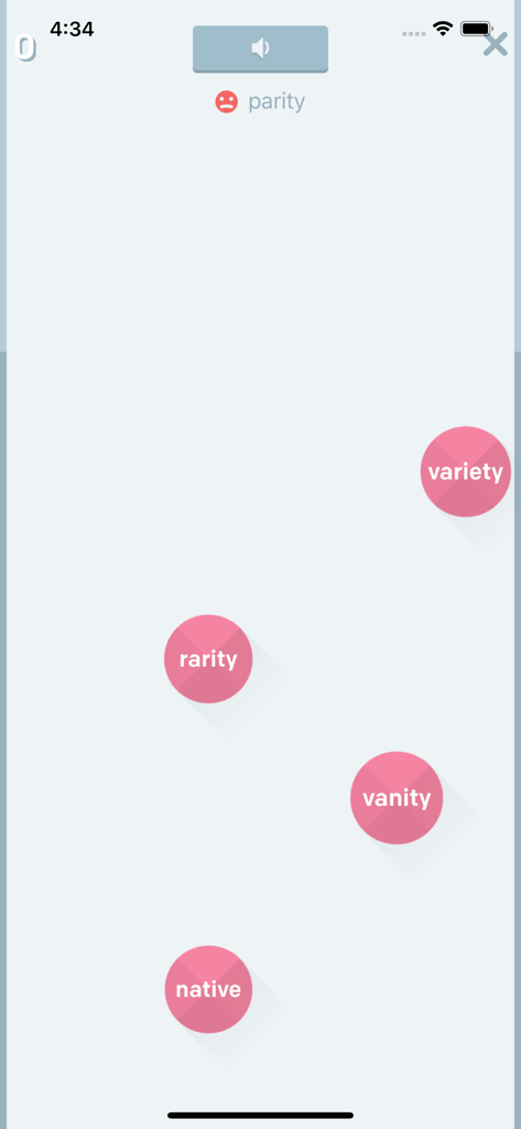 Voxy English learning app interface showing a word recognition game with floating word bubbles for phonetics practice.