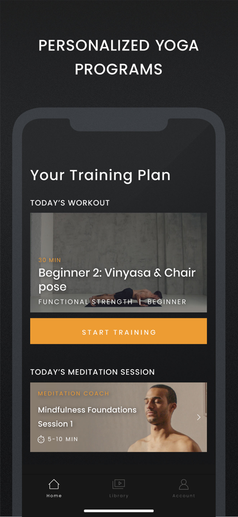 Skill Yoga - Train Mind & Body - Interfaz de la aplicación Skill Yoga mostrando un plan de entrenamiento personalizado con opciones de entrenamiento diario y meditación.