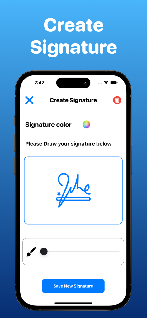 Un écran d'iPhone affichant l'interface de création de signature avec une signature bleue dessinée à la main et un bouton de sauvegarde.