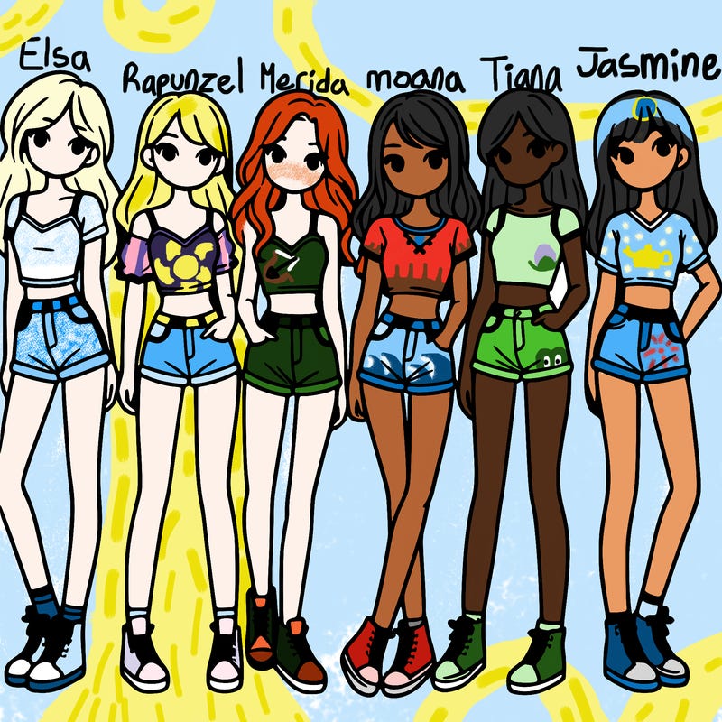 a group of girls wearing crop tops and shorts