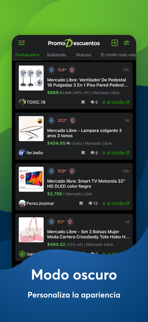 Interfaz de la app PromoDescuentos en modo oscuro mostrando una lista de productos con descuento y calificaciones de la comunidad