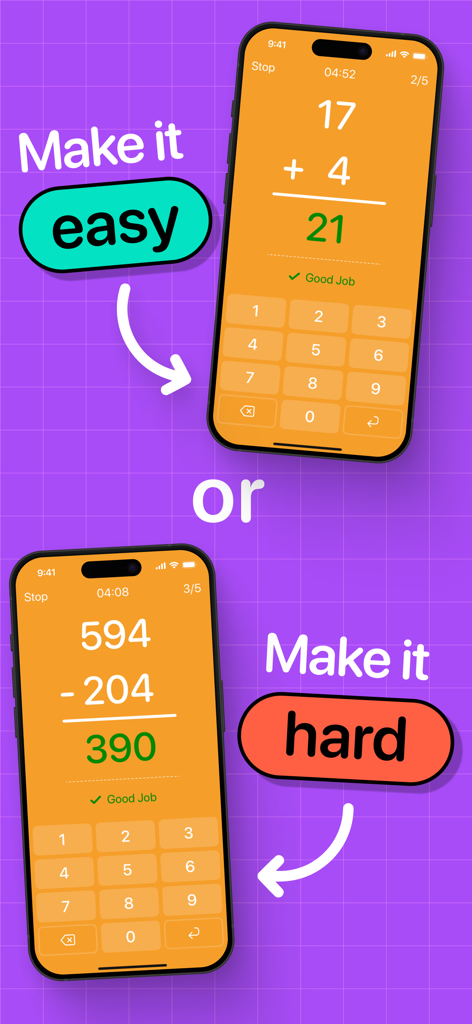 Two smartphones showing easy addition and hard subtraction problems in the Math Facts Flash Cards app.