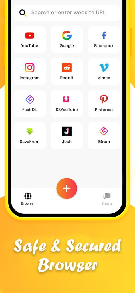 Helo App Startbildschirm, der eine sichere Browser-Oberfläche mit Schnelllinks zu Social-Media- und Video-Sharing-Websites zeigt