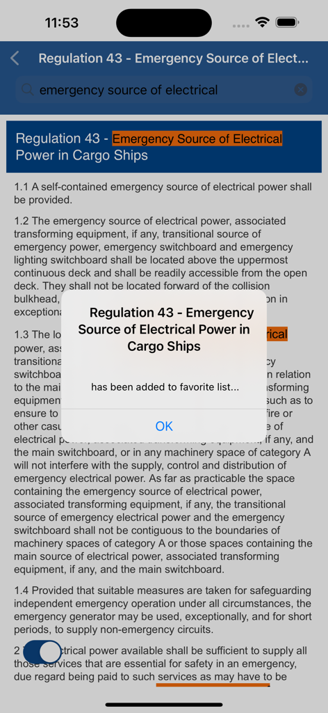 Una normativa marittima che viene aggiunta all'elenco dei preferiti nell'app SOLAS Consolidato.