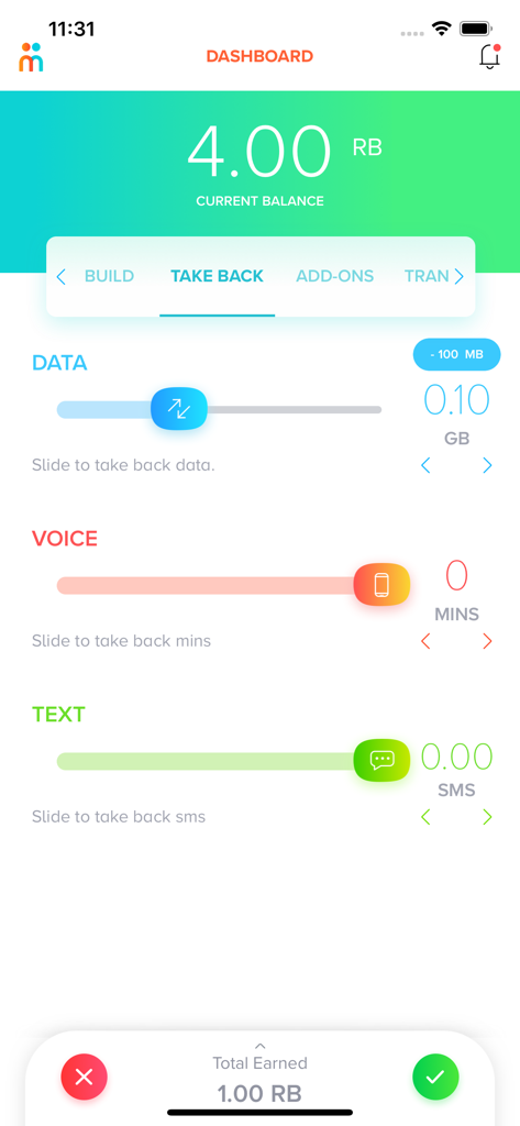 Mamen app interface showing sliders to convert unused mobile data and minutes into balance credits