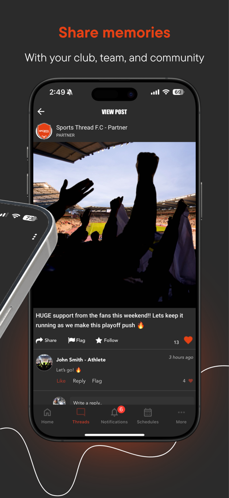 Sports Thread - Sports Thread app interface showing a social feed post with a stadium photo and comments from athletes.