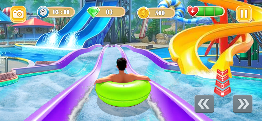 Water Slide Park - Fun Racing - Un personaje compitiendo por un tobogán de agua morado en un flotador verde en Parque Acuático.