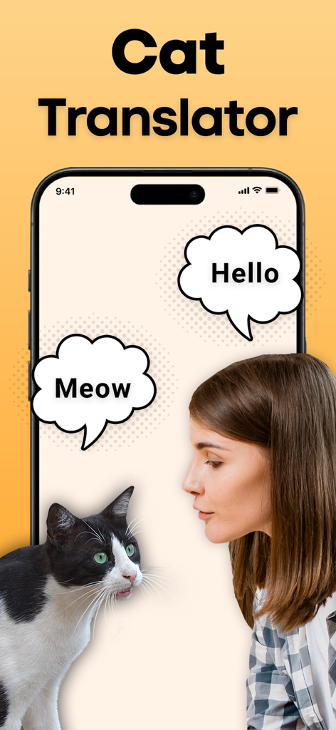 Cat Translator - Interface of the Cat Translator app showing communication between a woman and her cat with speech bubbles