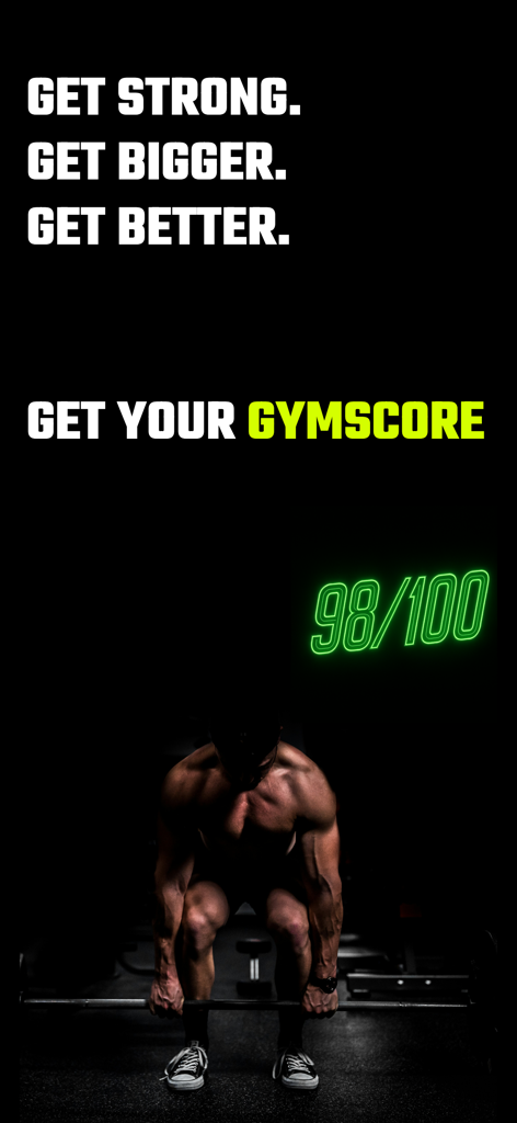 Gymscore app screenshot showing a 98 out of 100 score for a man performing a deadlift