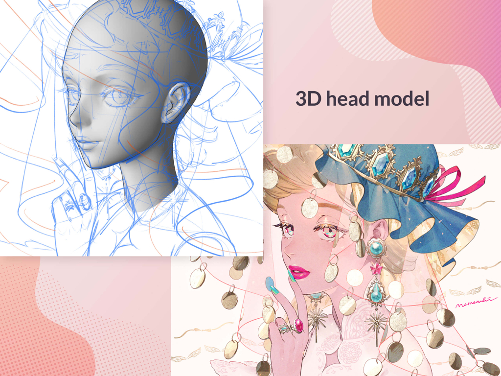 Ein 3D-Kopfmodell als Referenz und eine fertige Charakterillustration in Clip Studio Paint