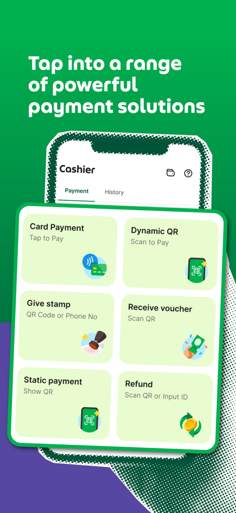 GrabMerchant App Kassenoberfläche mit digitalen Zahlungslösungen und QR-Optionen