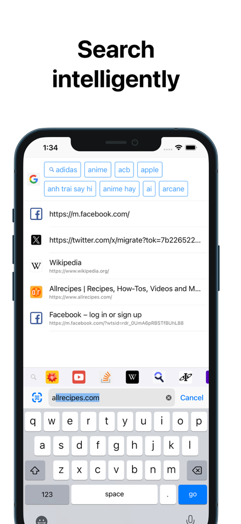 RedApp Browser - RedApp Browser intelligent search screen showing smart search suggestions and a customized quick access toolbar.