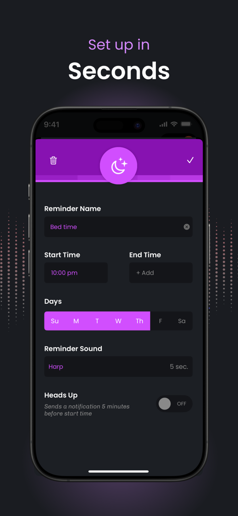 The setup screen of Nudge app showing a bedtime reminder configuration with time and day options.
