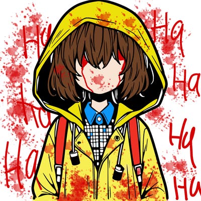 little anime girl in a raincoat her hair is covering her eyes she has a lighter