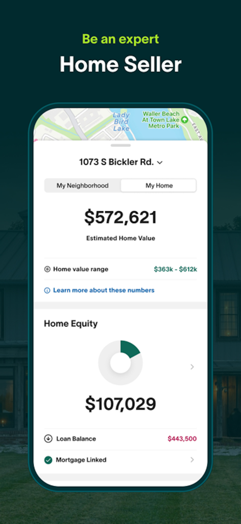 Movoto | Real Estate - Captura de pantalla de la aplicación Movoto que muestra el valor estimado de la casa y el seguimiento de la plusvalía de la casa para vendedores.