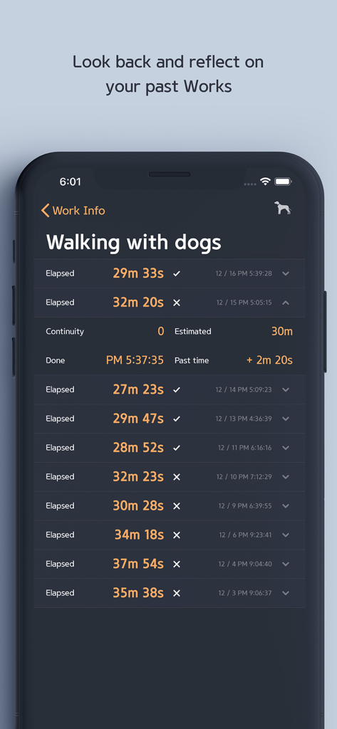 Hourglass - Time Estimation - A screenshot of the Hourglass app history log showing a comparison between estimated and actual elapsed time for various tasks.