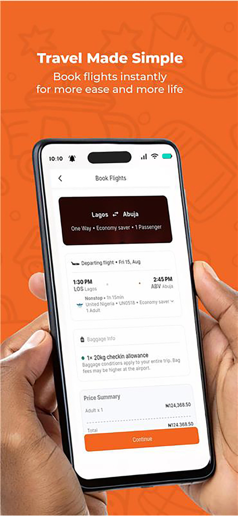 Remita - Una persona sosteniendo un teléfono mostrando la interfaz de la aplicación Remita para reservar vuelos entre Lagos y Abuya