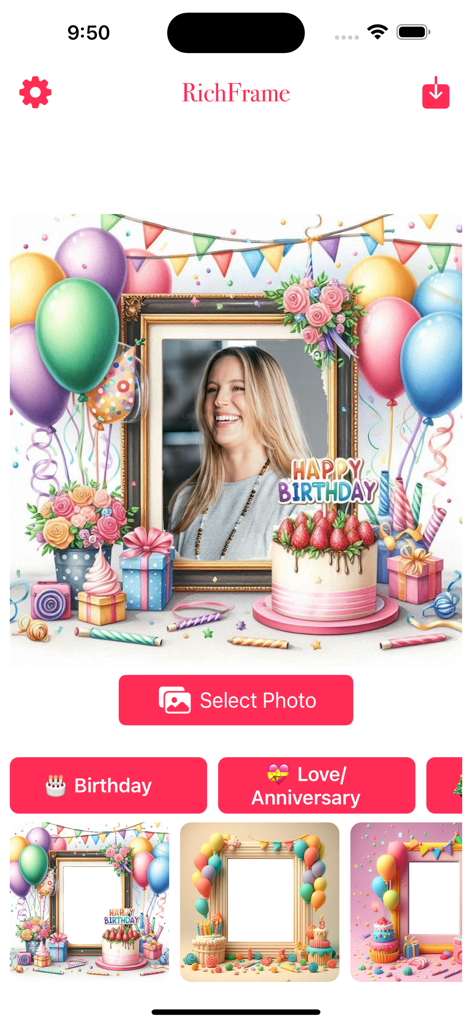 RichFrame Birthday Photo Frame - La foto de una mujer dentro de un colorido marco temático de cumpleaños con globos y un pastel en la aplicación RichFrame.