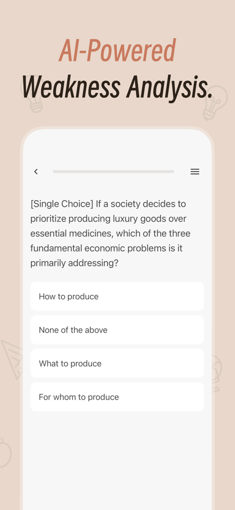 Una interfaz de cuestionario impulsada por IA en la aplicación Noolingo presenta una pregunta de opción múltiple sobre economía.