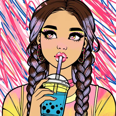 realistic girl with braided hair drinking boba
