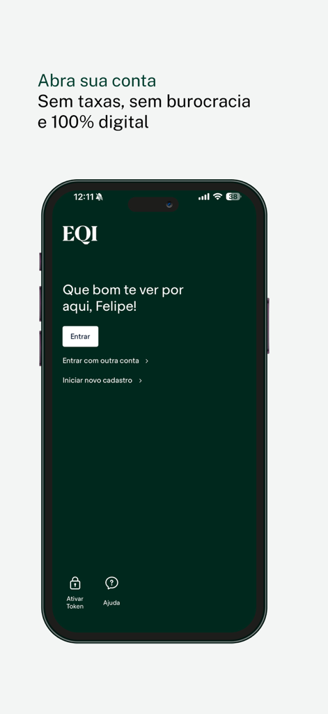 Tela de login do aplicativo móvel EQI Investimentos destacando um processo de abertura de conta 100% digital