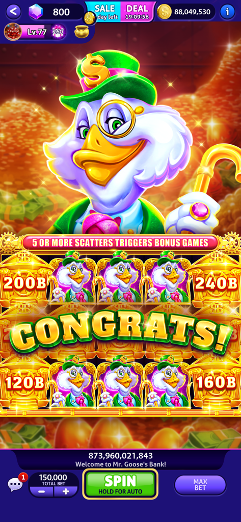 Big win on the Mr. Goose's Bank slot machine in Club Vegas Slots.