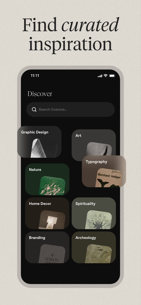 Cosmos: Search & Discover - Cosmos app Discover screen showing curated categories like Graphic Design Art and Typography