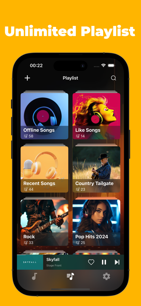 Interface de l'application Lark Music montrant une variété de playlists musicales sur un écran d'iPhone