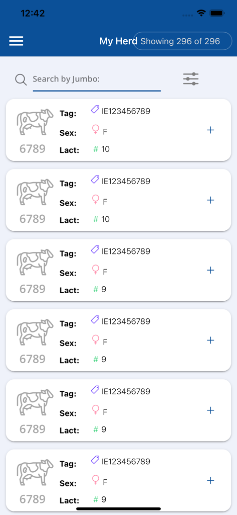 ICBF HerdPlus - Pantalla de la aplicación ICBF HerdPlus que muestra una lista de ganado con identificadores de etiqueta y números de lactancia.