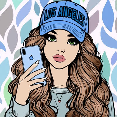 realistic beautiful girl wearing los ángeles cap holding an iphone