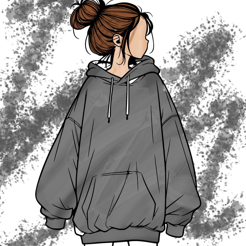 realistic girl with a oversized sweatshirt on and a bun