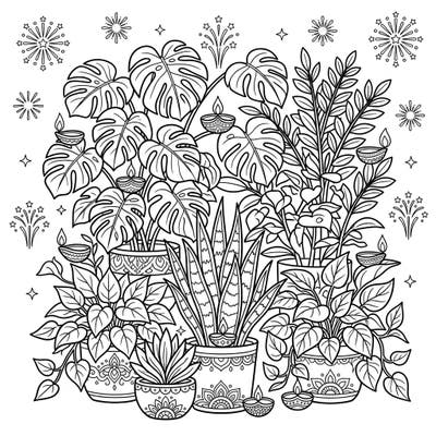 Immerse yourself in a vibrant celebration of light and nature with this unique Diwali houseplant coloring page. Adorn lush indoor greenery with traditional festive patterns and glowing diyas.