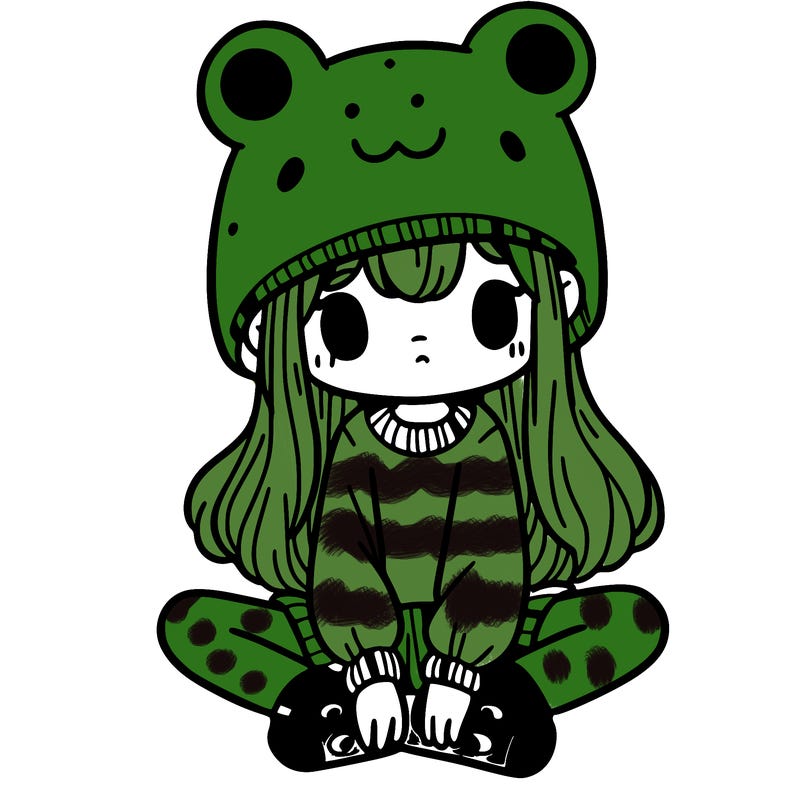 a girl wearing a frog hat and some frog socks