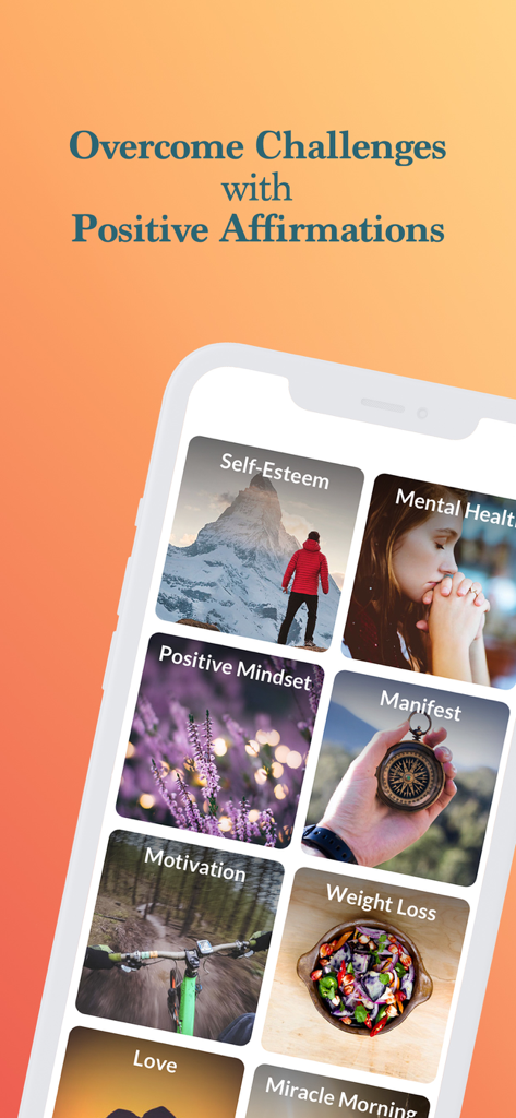 ThinkUp-Daily Affirmations app - ThinkUp app interface displaying affirmation categories including self-esteem and motivation