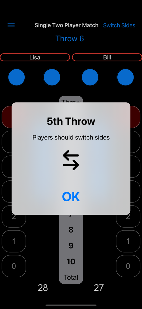 Axe Tracker app showing a notification for players to switch sides during a two-player match.
