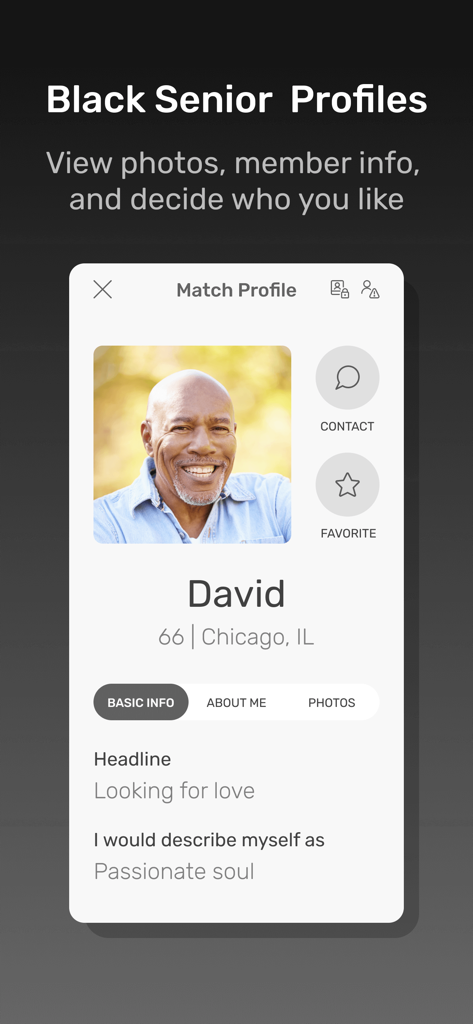 Black Senior Personals App - A match profile for David, a 66-year-old from Chicago, on the Black Senior Personals app showing his photo, location, and bio.