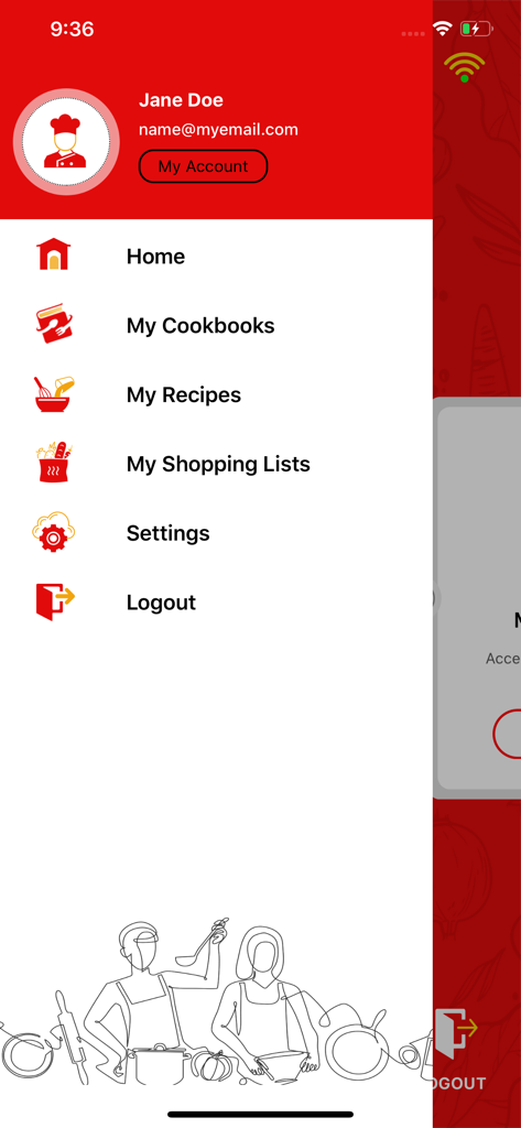 Menu de navegação lateral do aplicativo MasterCook mostrando opções para receitas, livros de receitas e listas de compras