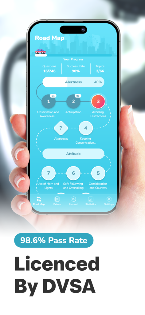 A smartphone screen displaying the road map learning path of the UK Driving Theory Test app with progress statistics and DVSA licensing
