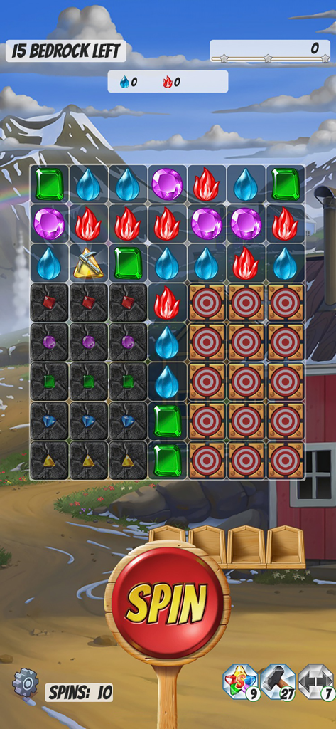 Cascade Gem & Jewel Adventure - A gameplay screen of Cascade Gem and Jewel Adventure featuring a gem puzzle board with a large red spin button and a hand painted mountain background