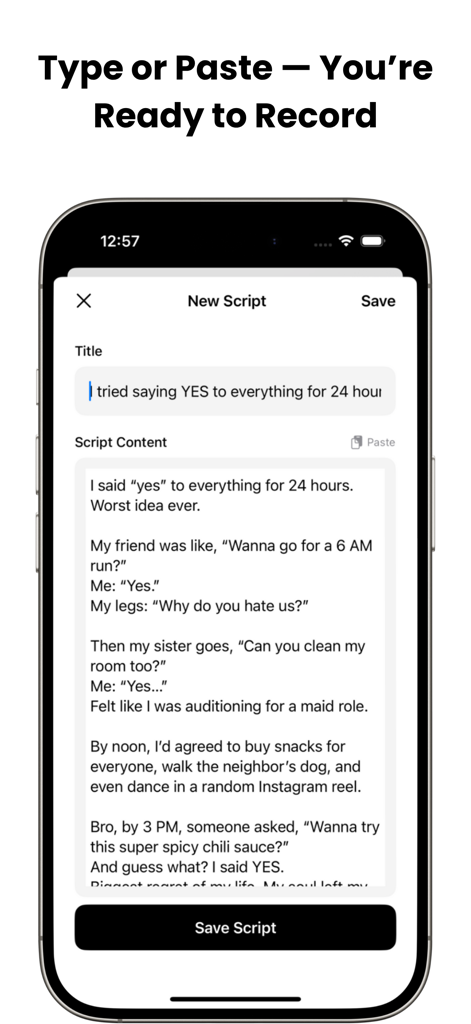 Mobile app interface for creating and saving scripts in the CueCam teleprompter camera app