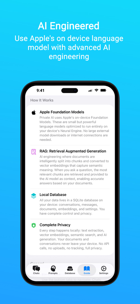 Private AI: Document Chat - A screen from the Private AI Document Chat app explaining how its on-device language models and privacy features work