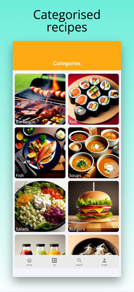 Recetas de comida categorizadas en la interfaz de la aplicación Recipe mkr