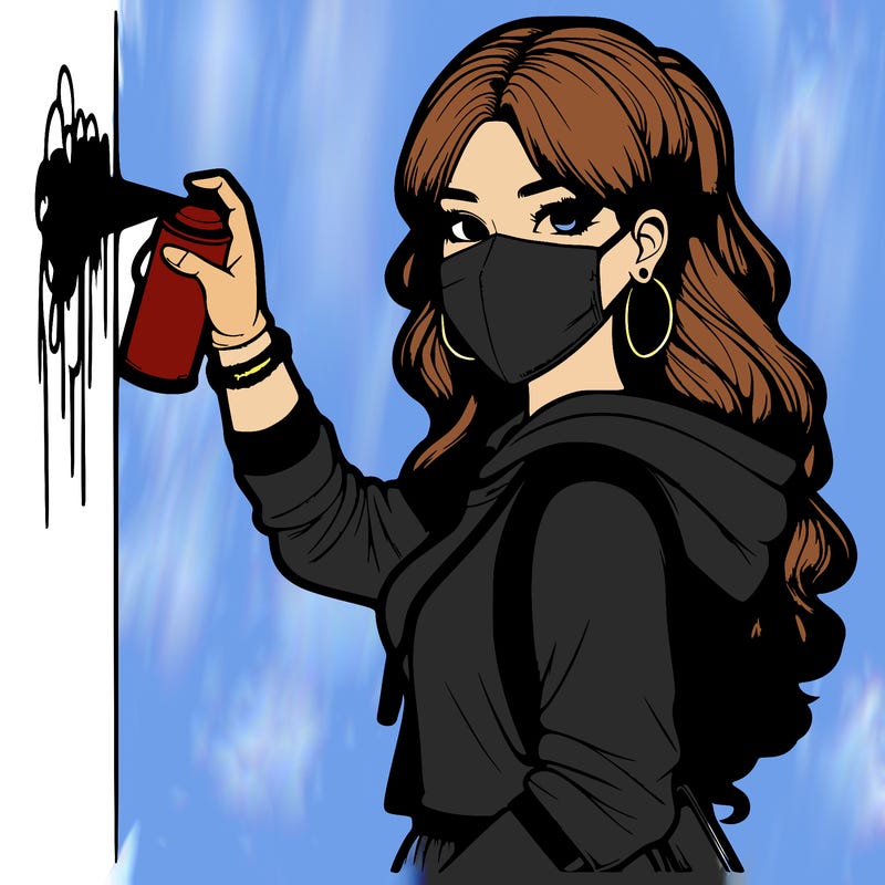 realistic girl with mask spray painting a wall