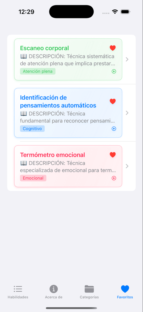 Caja de herramientas de TCC - Captura de pantalla de la aplicación CBT Toolbox que muestra la sección de favoritos con técnicas de salud mental guardadas en español.
