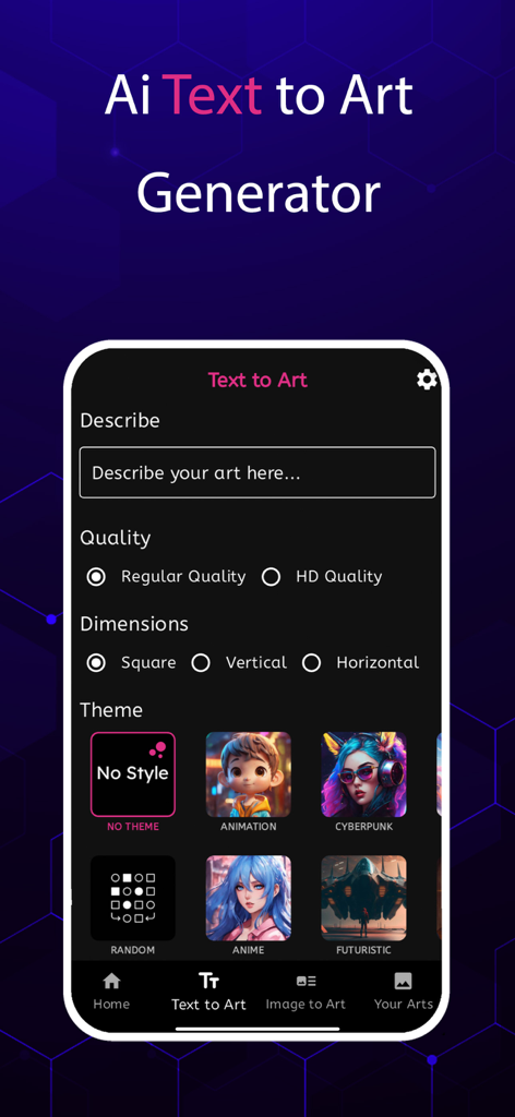 Adult Ai Art Generator - 성인 AI 아트 생성기 앱의 인터페이스. 프롬프트 입력 및 스타일 테마를 포함한 텍스트-아트 생성 설정 표시