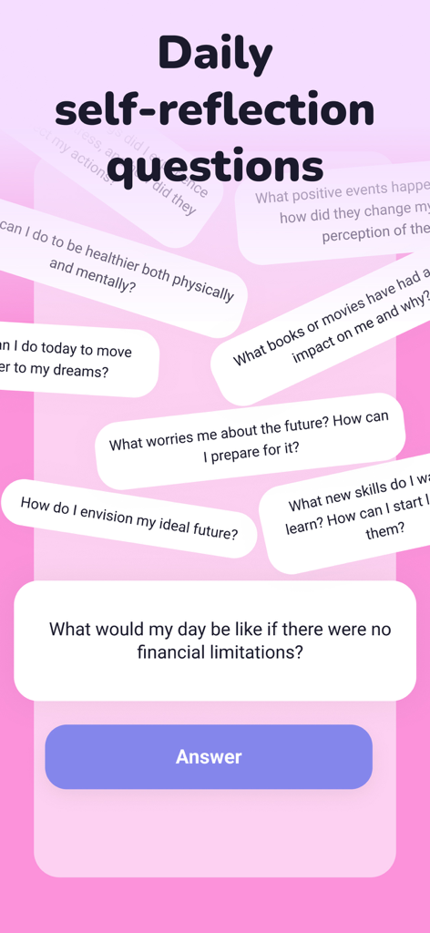 Moodi: mental health tracker - Moodiメンタルヘルスアプリ内のピンクの背景に表示される毎日の自己省察の質問。